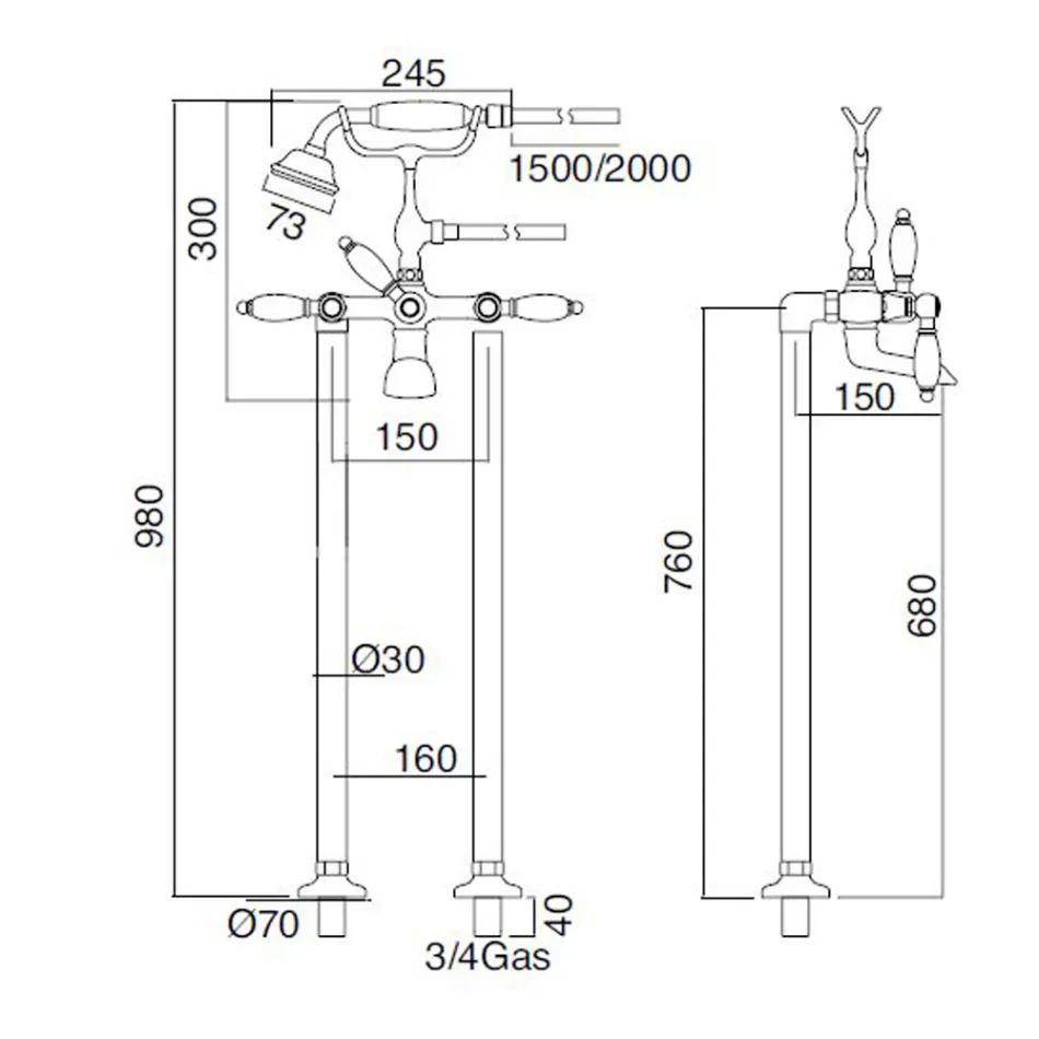 Stojąca bateria wannowa z mosiężnym prysznicem ręcznym Made in Italy - Noriana Viadurini