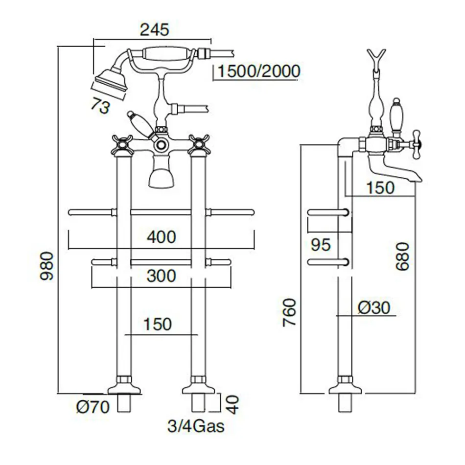 Klasyczna mosiężna stojąca bateria wannowa z prysznicem ręcznym - Fioretta Viadurini