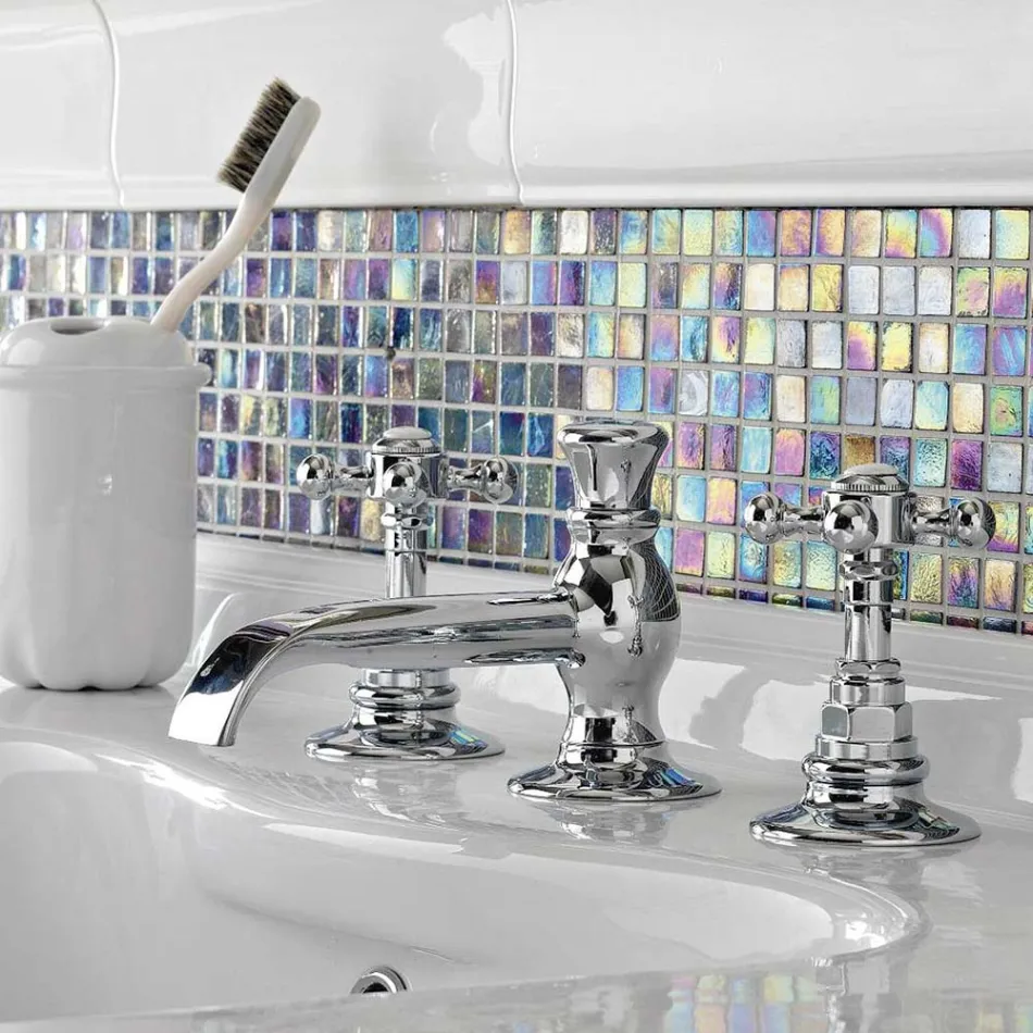 Vintage 3-otworowa bateria umywalkowa z mosiądzu w stylu vintage, wyprodukowana we Włoszech - Elisea Viadurini