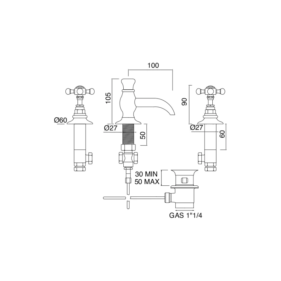 Vintage 3-otworowa bateria umywalkowa z mosiądzu w stylu vintage, wyprodukowana we Włoszech - Elisea Viadurini
