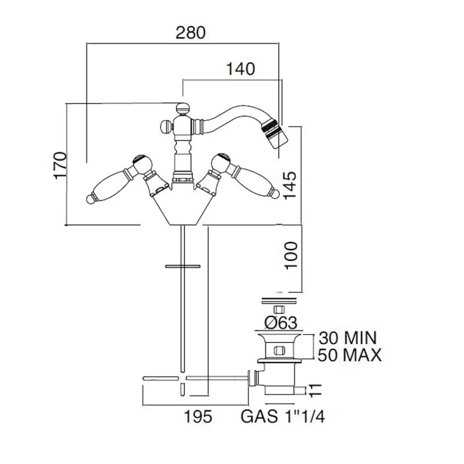 Klasyczna bateria bidetowa z jednym otworem i ręcznie wykonanymi mosiężnymi dźwigniami - Noriana Viadurini