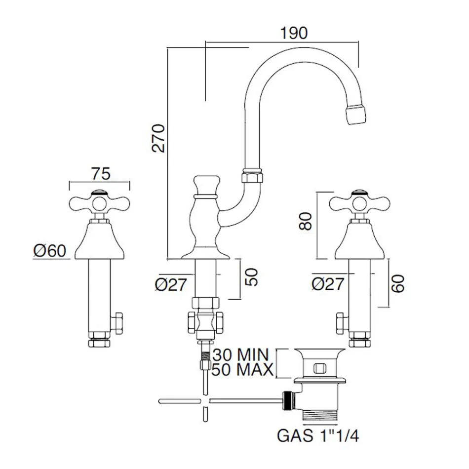 3-otworowa bateria do umywalki łazienkowej z mosiądzu, z wysoką wylewką i odpływem - Ercolina Viadurini