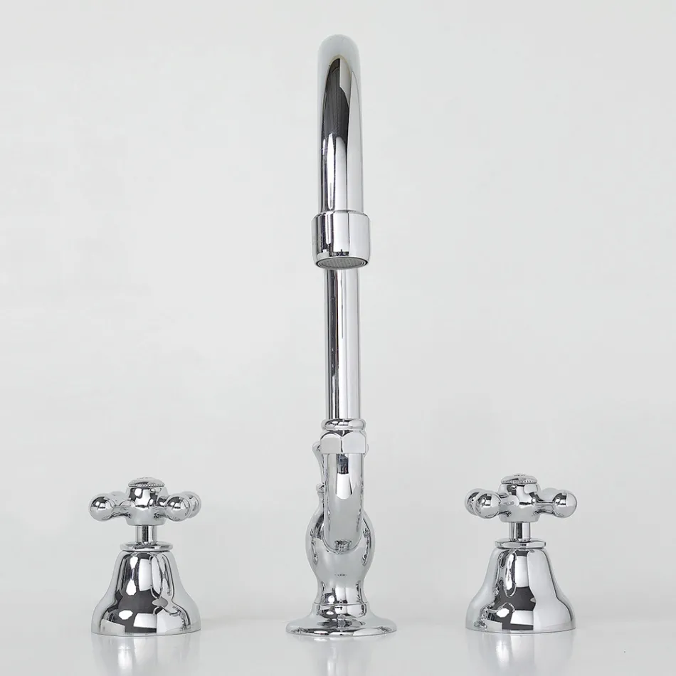 3-otworowa bateria do umywalki łazienkowej z mosiądzu, z wysoką wylewką i odpływem - Ercolina Viadurini