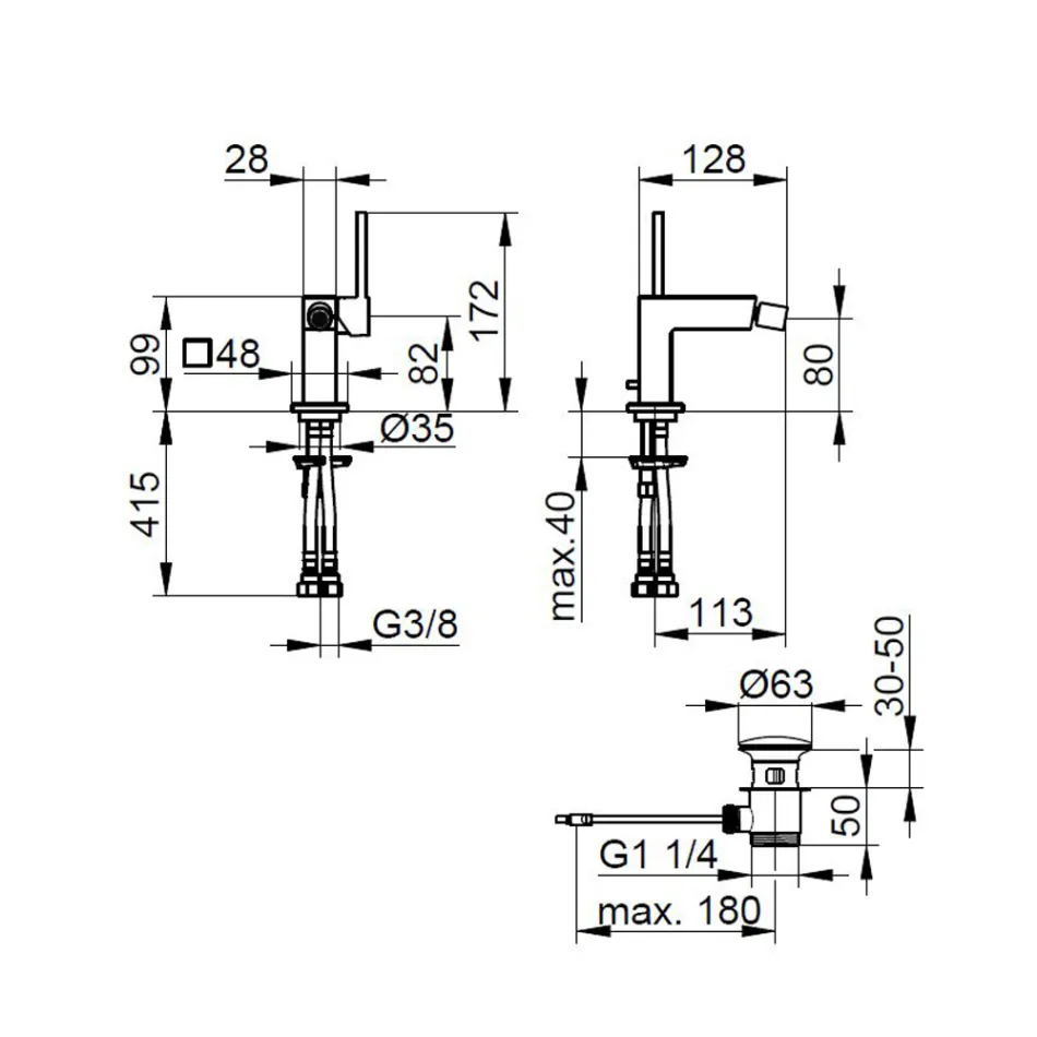 Jednouchwytowa bateria bidetowa z kwadratowym odpływem - Erik Viadurini