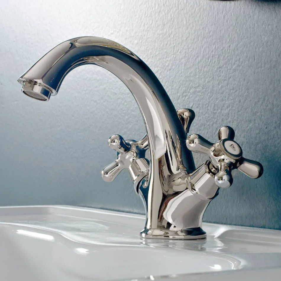 Jednootworowa bateria do umywalki łazienkowej z mosiądzu z odpływem w klasycznym stylu - Ercolina Viadurini