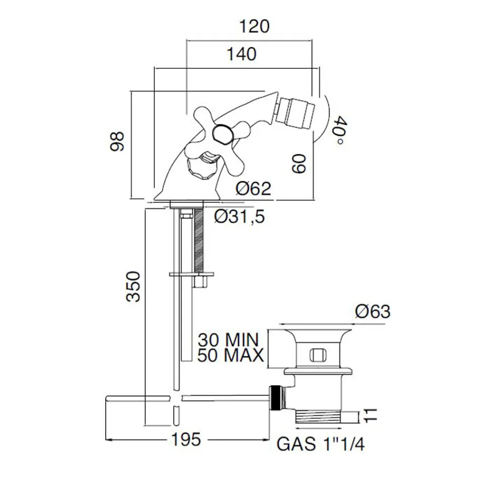 Jednootworowa mosiężna bateria bidetowa z odpływem w klasycznym stylu - Ercolina Viadurini
