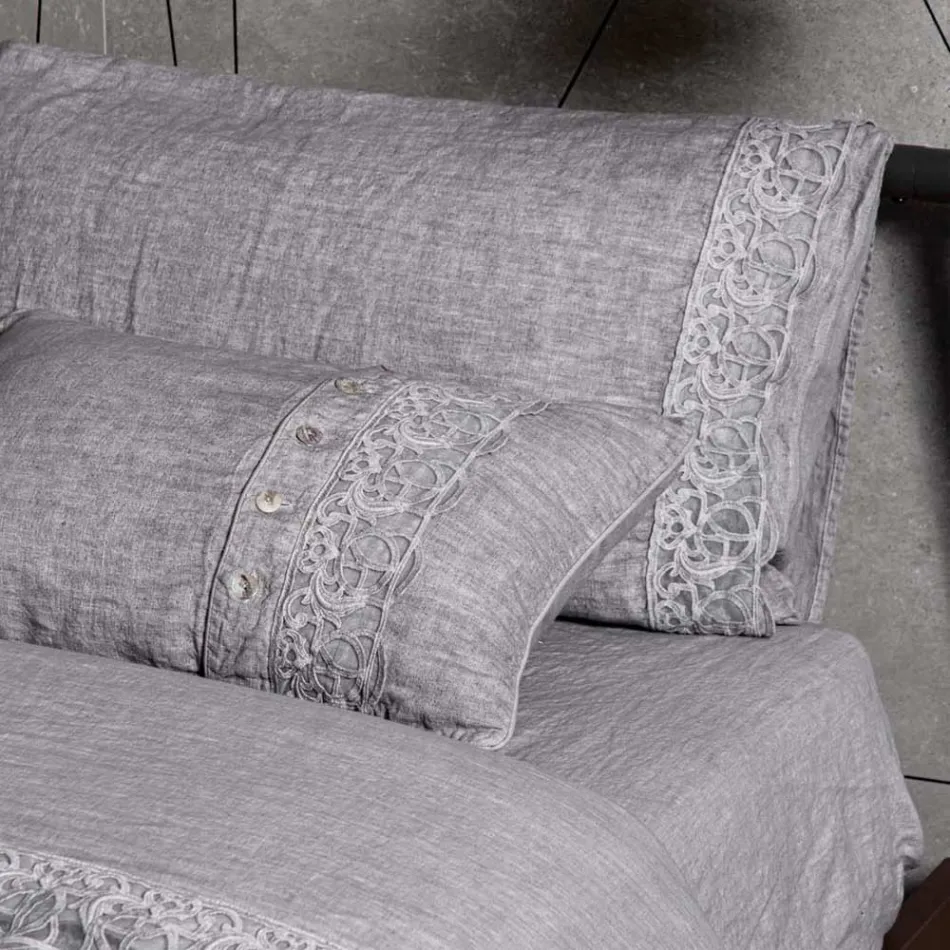 Lniana torba do przechowywania poszwy na kołdrę z koronką Sinergia i guzikami - Energis Viadurini