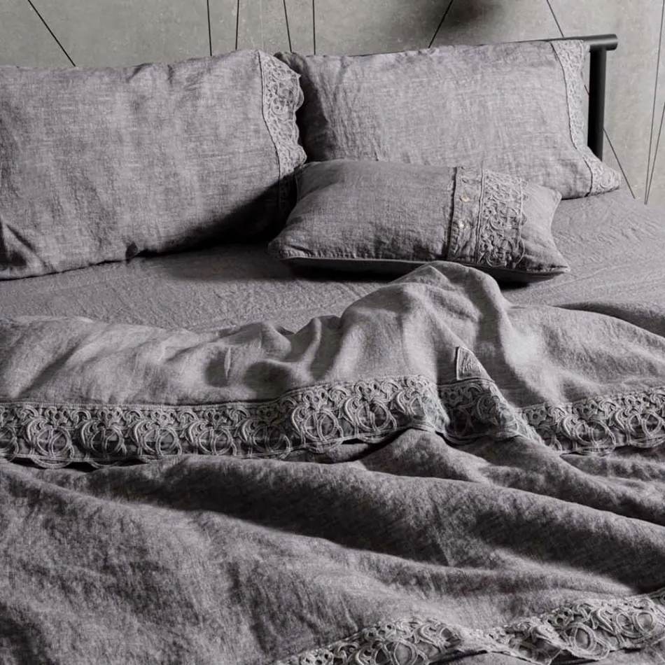 Lniana torba do przechowywania poszwy na kołdrę z koronką Sinergia i guzikami - Energis Viadurini