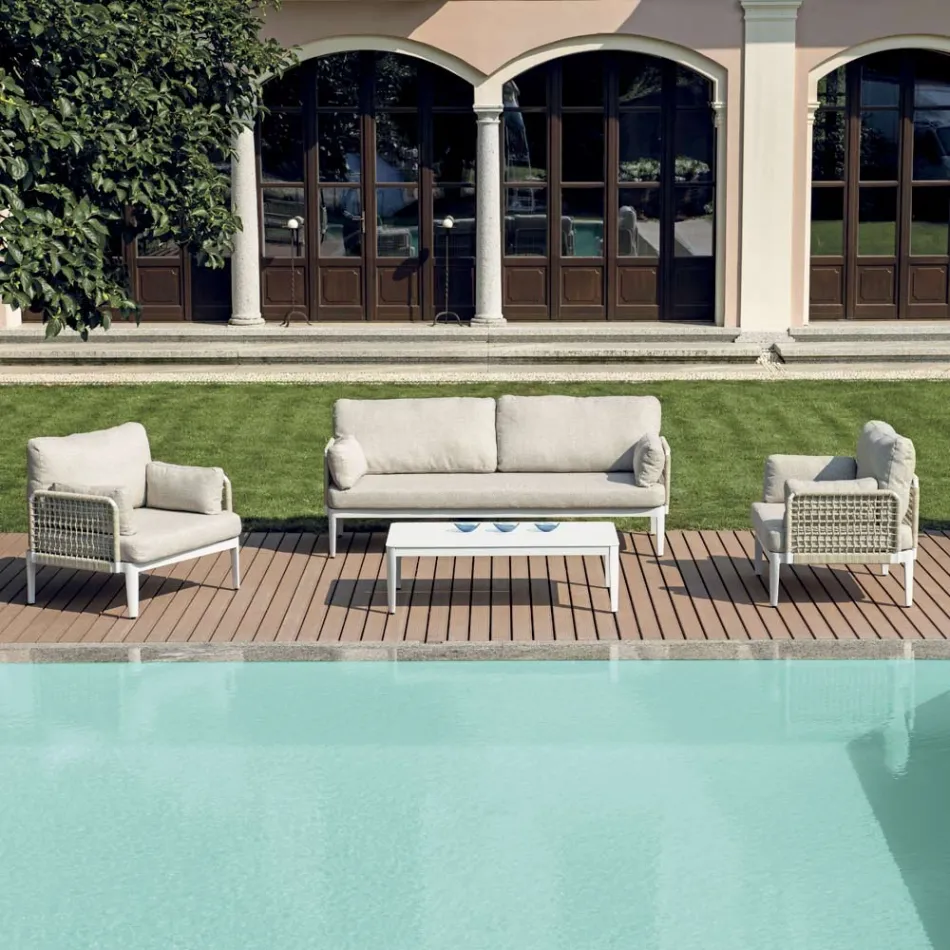 Pokój dzienny składający się z 2 foteli, 1 sofy i stolika kawowego z aluminium - Symphony Viadurini