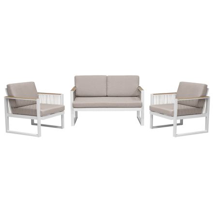Salon na świeżym powietrzu z sofą i 2 fotelami z liny aluminiowej i drewna tekowego - szezlong Viadurini