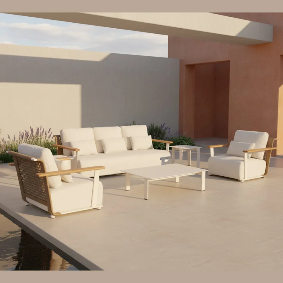 Salon ogrodowy z sofą, 2 fotelami i stolikiem kawowym - Montorio Viadurini