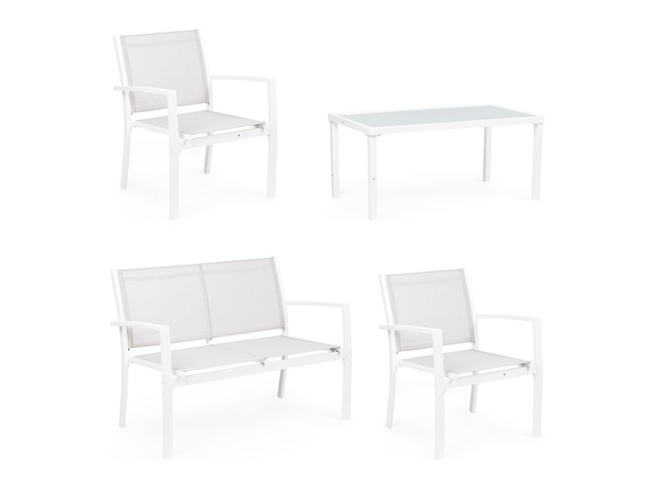 Salon ogrodowy ze stali i tkaniny tekstylnej, sofa, fotele i stolik kawowy - Osseo Viadurini