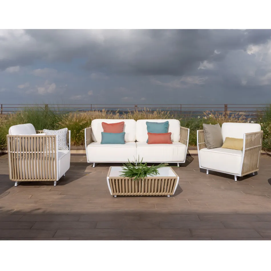 Salon ogrodowy z białego aluminium i tkaniny – Eugene Viadurini