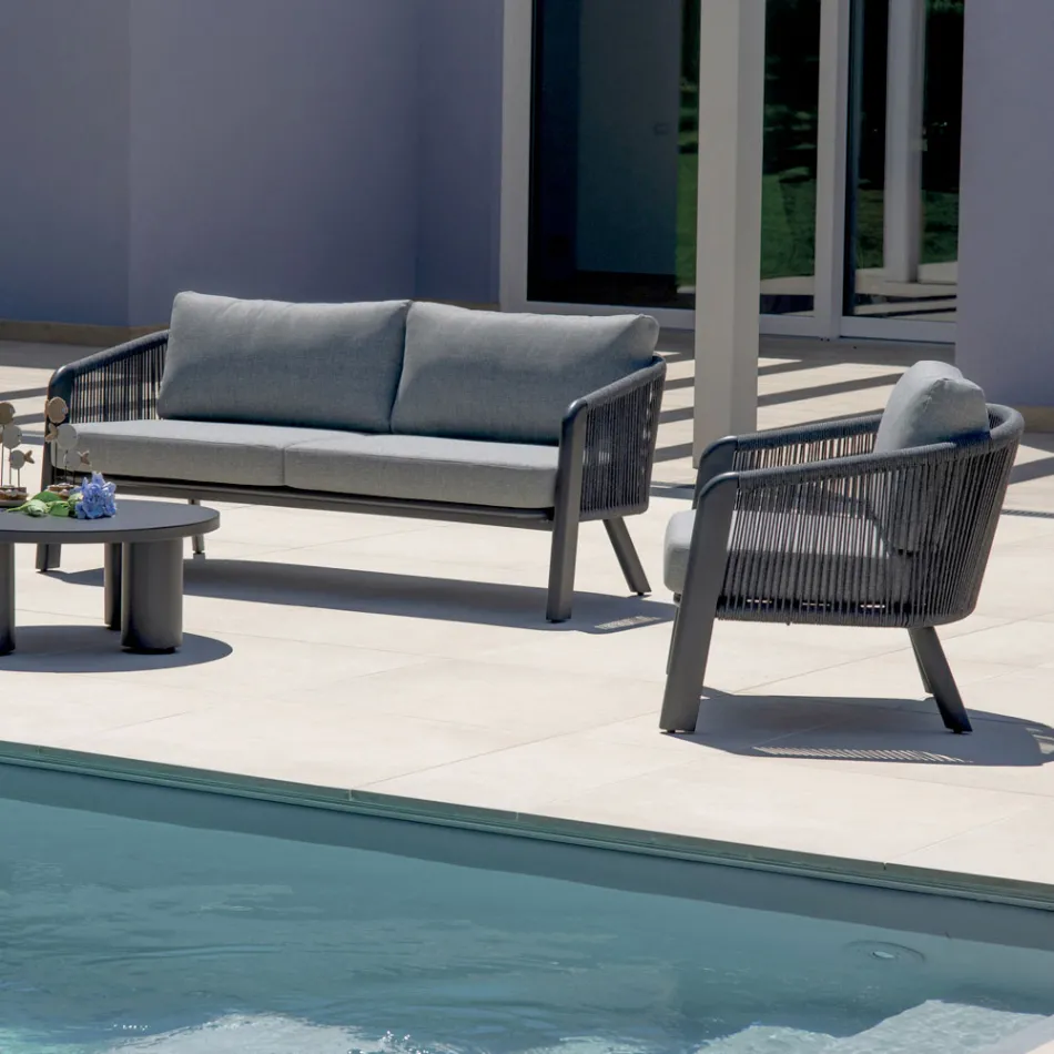 Zestaw wypoczynkowy ogrodowy Smeria z aluminium i plecionej liny z poduszkami Viadurini