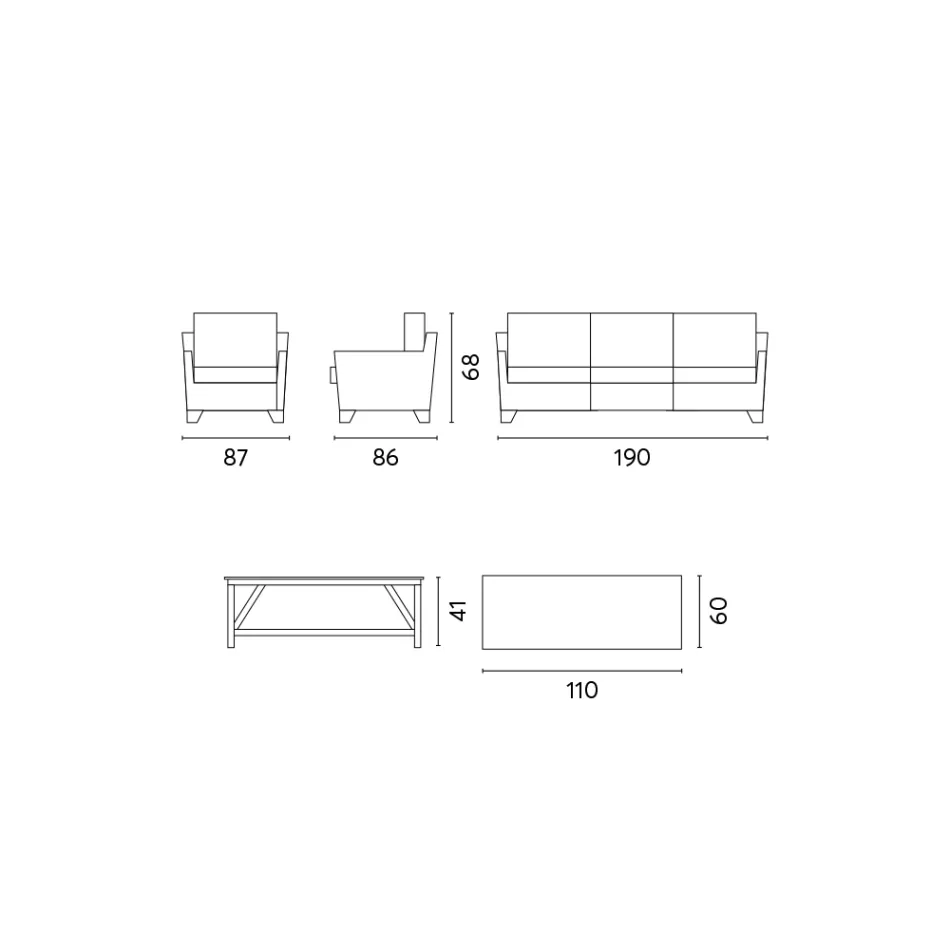 Salon na świeżym powietrzu ze stolikiem kawowym z drewna mango i poduszkami z polibawełny - Orlanda Viadurini
