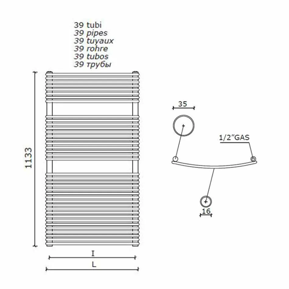 Pionowy hydrauliczny podgrzewacz do ręczników łazienkowych ze stali 1013 W - Griffin Viadurini