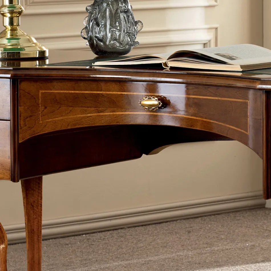 Klasyczne biurko 5 szuflad z drewna i ekoskóry Made in Italy - Commodo Viadurini