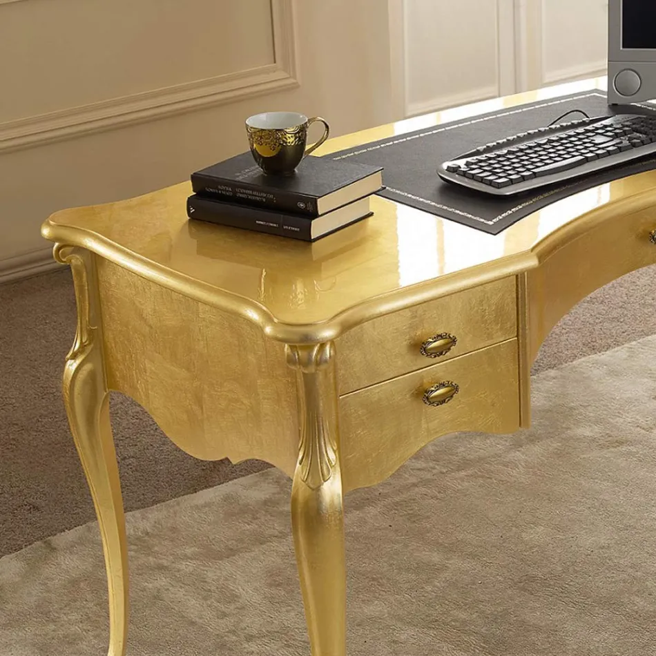 Klasyczne biurko 5 szuflad z drewna i ekoskóry Made in Italy - Commodo Viadurini