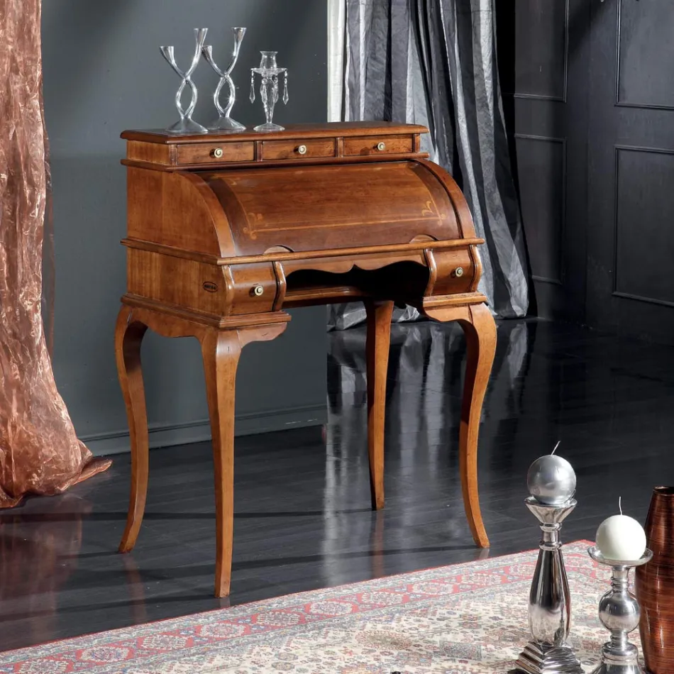 Klasyczne biurko z 5 szufladami z drewna i intarsjami Made in Italy - Hastings Viadurini