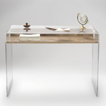 Biurko z przezroczystego pleksi z designerską drewnianą półką - Carducci