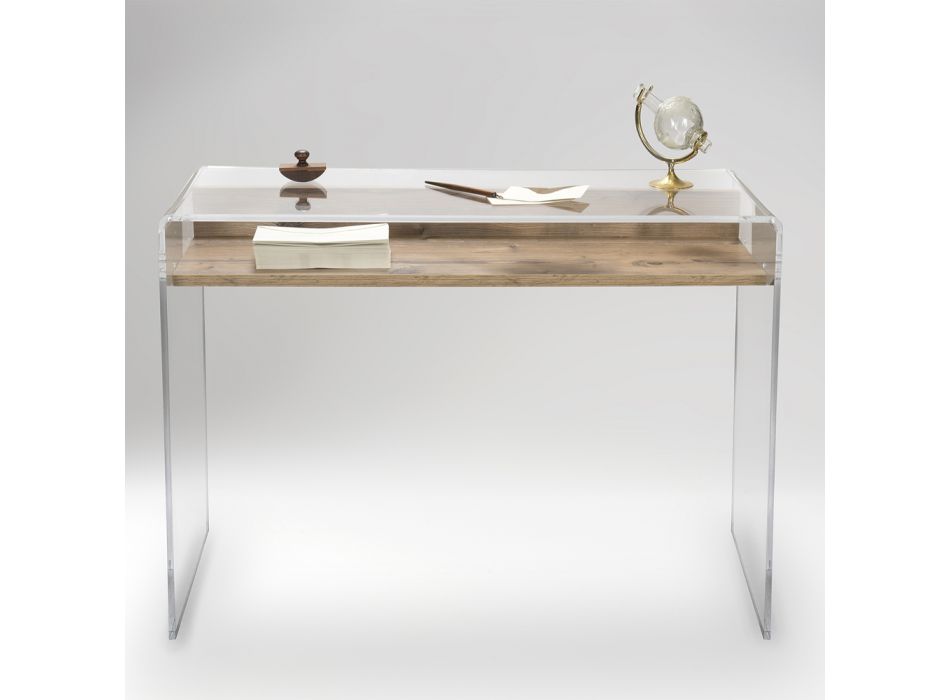 Biurko z przezroczystego pleksi z designerską drewnianą półką - Carducci Viadurini