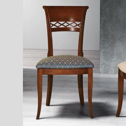 Klasyczne krzesło z drewna bukowego z dekorowanym oparciem i tkaniną - Milissa Viadurini