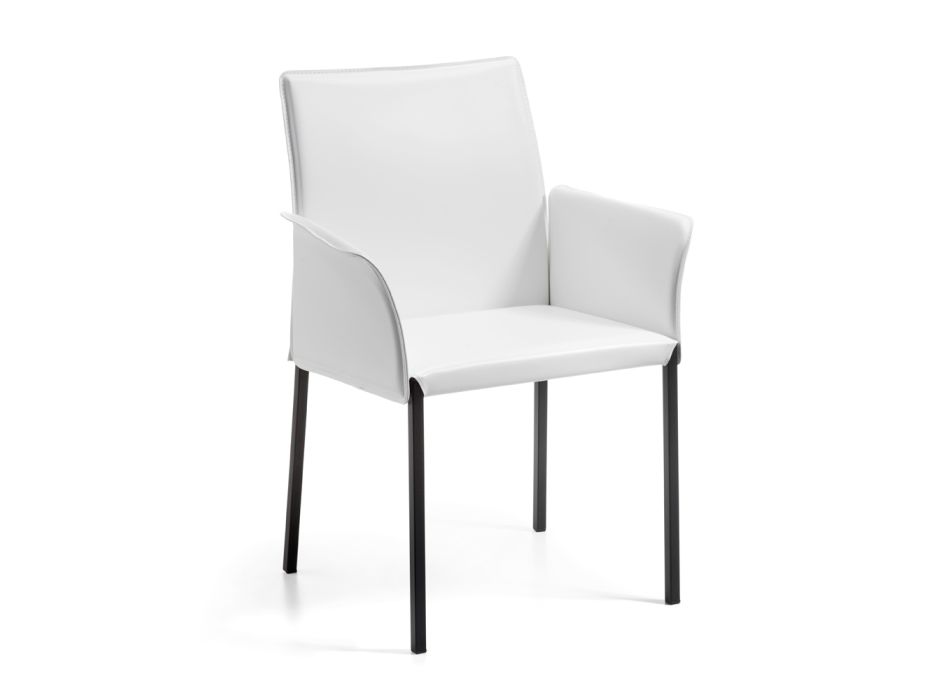 Krzesło z podłokietnikami z białej skóry i czarnymi nogami Made in Italy - Pupazzo Viadurini