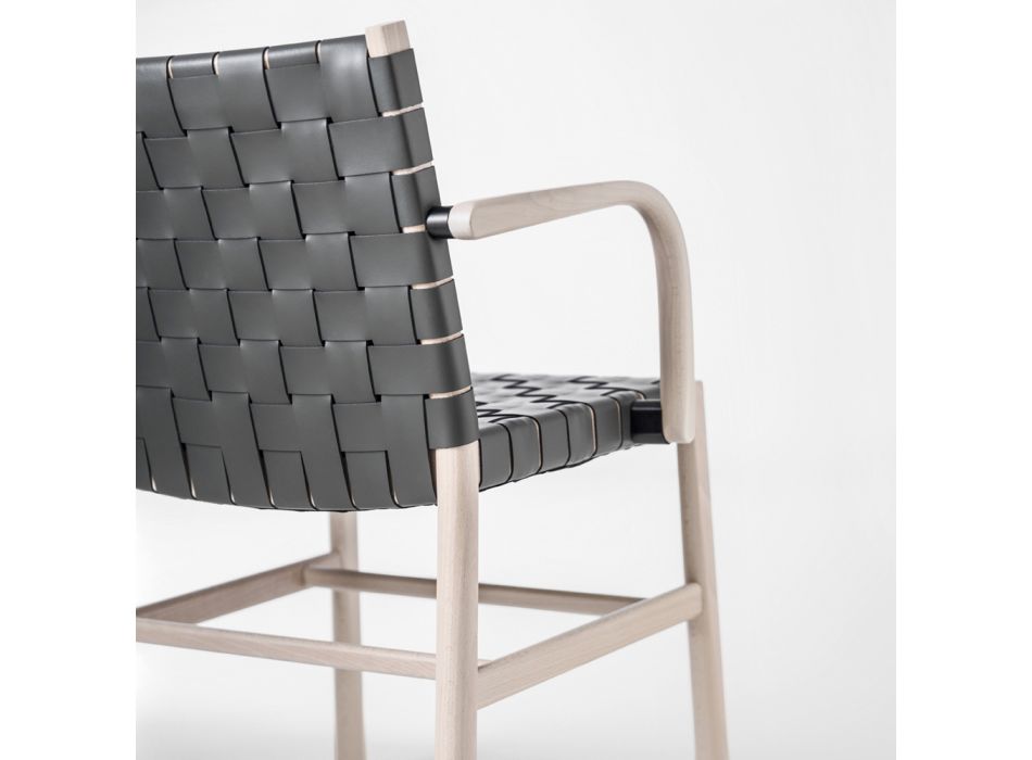 Krzesło z podłokietnikami z bielonego buku i skórzanym siedziskiem Made in Italy - Nora Viadurini