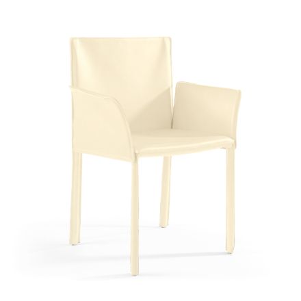 Krzesło z podłokietnikami obite skórą w kolorze kości słoniowej Made in Italy - Shell Viadurini