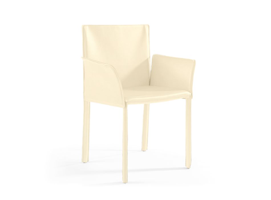 Krzesło z podłokietnikami obite skórą w kolorze kości słoniowej Made in Italy - Shell Viadurini