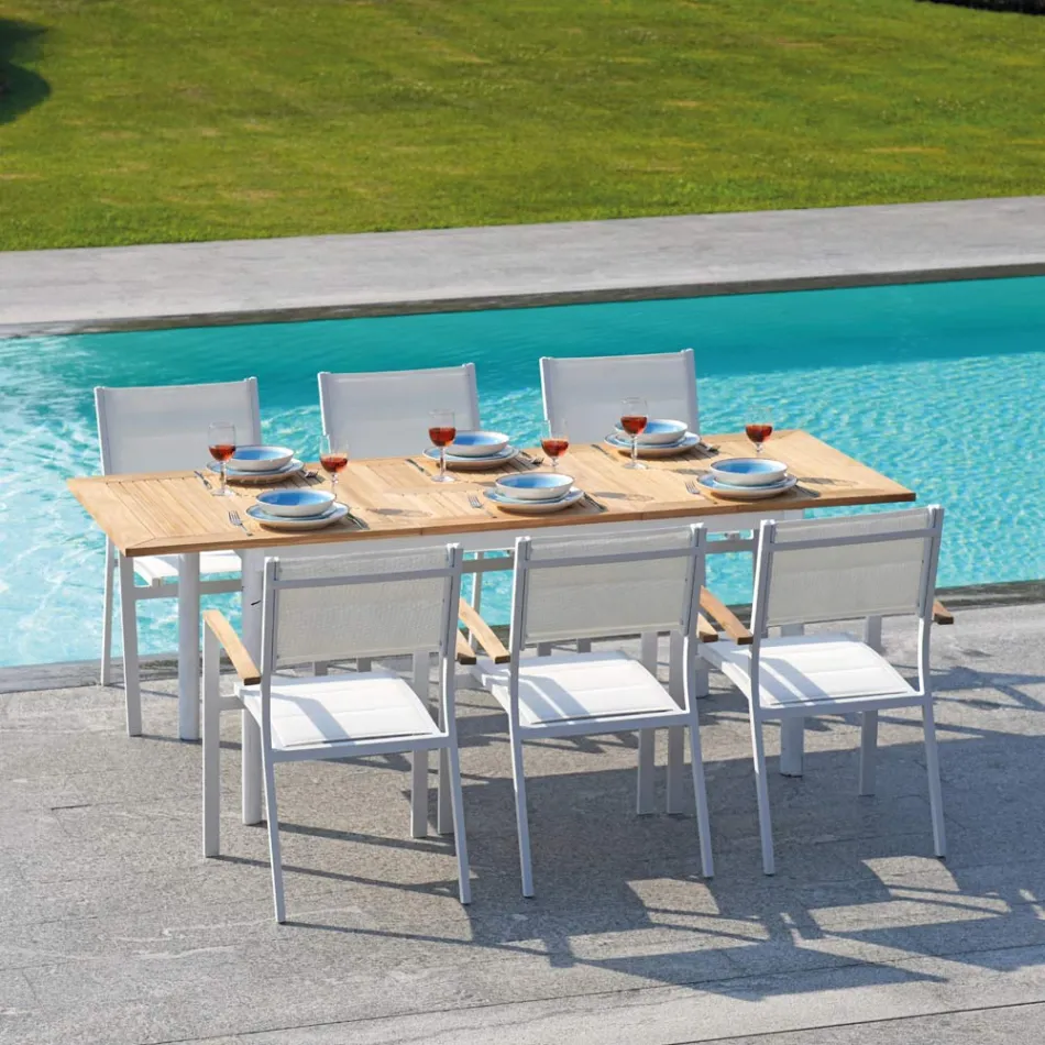 Krzesło ogrodowe do ustawiania w stos z białego aluminium z podłokietnikami - Lyonel Viadurini