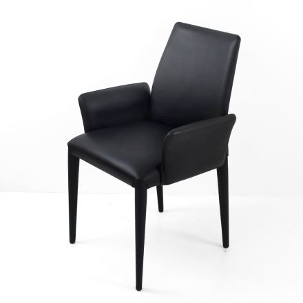 Krzesło do jadalni z podłokietnikami tapicerowane czarną skórą Made in Italy - Meyer Viadurini