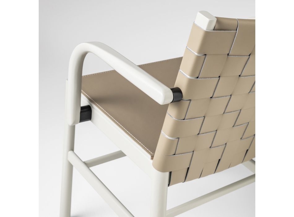 Luksusowe krzesło z beżowego lakierowanego drewna bukowego i tkanej skóry Made in Italy - Nora Viadurini
