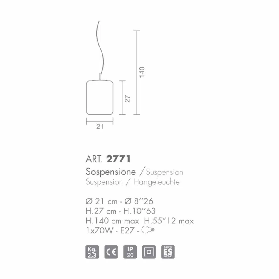 Selene Domino lampa wisząca wdmuchiwane O21 H 27/140 cm szkło Viadurini