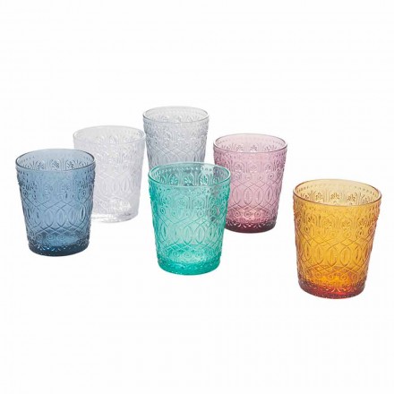Serwis szklanych szklanych szklanek do wody z kolorowymi dekoracjami, 12 sztuk - pizzotto Viadurini