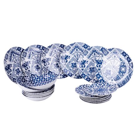 Serwis 18 talerzy porcelanowych w kolorze białym i niebieskim - Wieder Viadurini