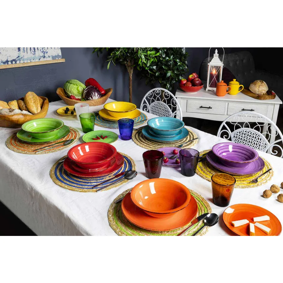 Zastawa stołowa z kolorowymi talerzami 18 sztuk w nowoczesnej kamionce - Abruzja Viadurini