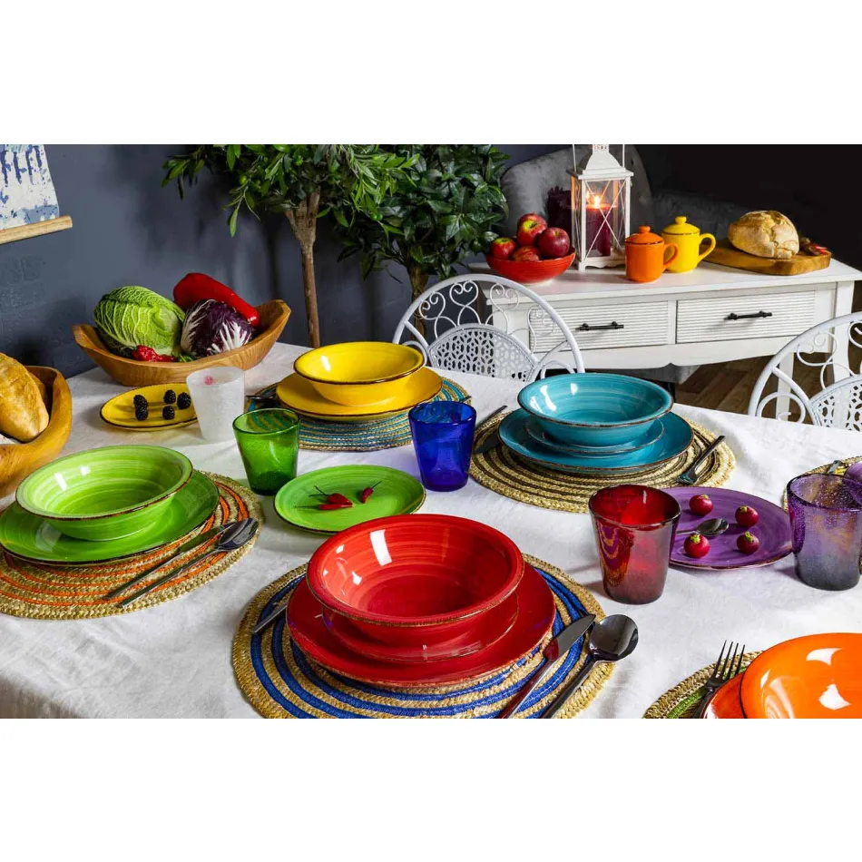 Zastawa stołowa z kolorowymi talerzami 18 sztuk w nowoczesnej kamionce - Abruzja Viadurini