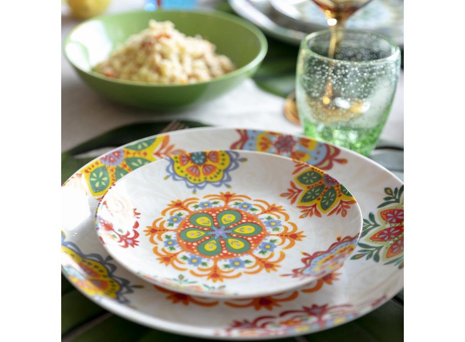 Serwis zastawy stołowej z kolorowej porcelany i kamionki w stylu etnicznym 18 sztuk - Ibizia Viadurini