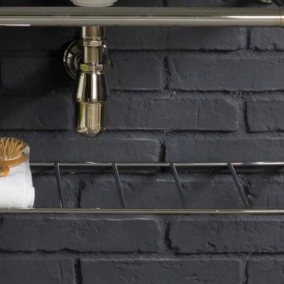 Zestaw kąpielowy z podwójną konsoli w białej ceramiki o strukturze liniowej Viadurini