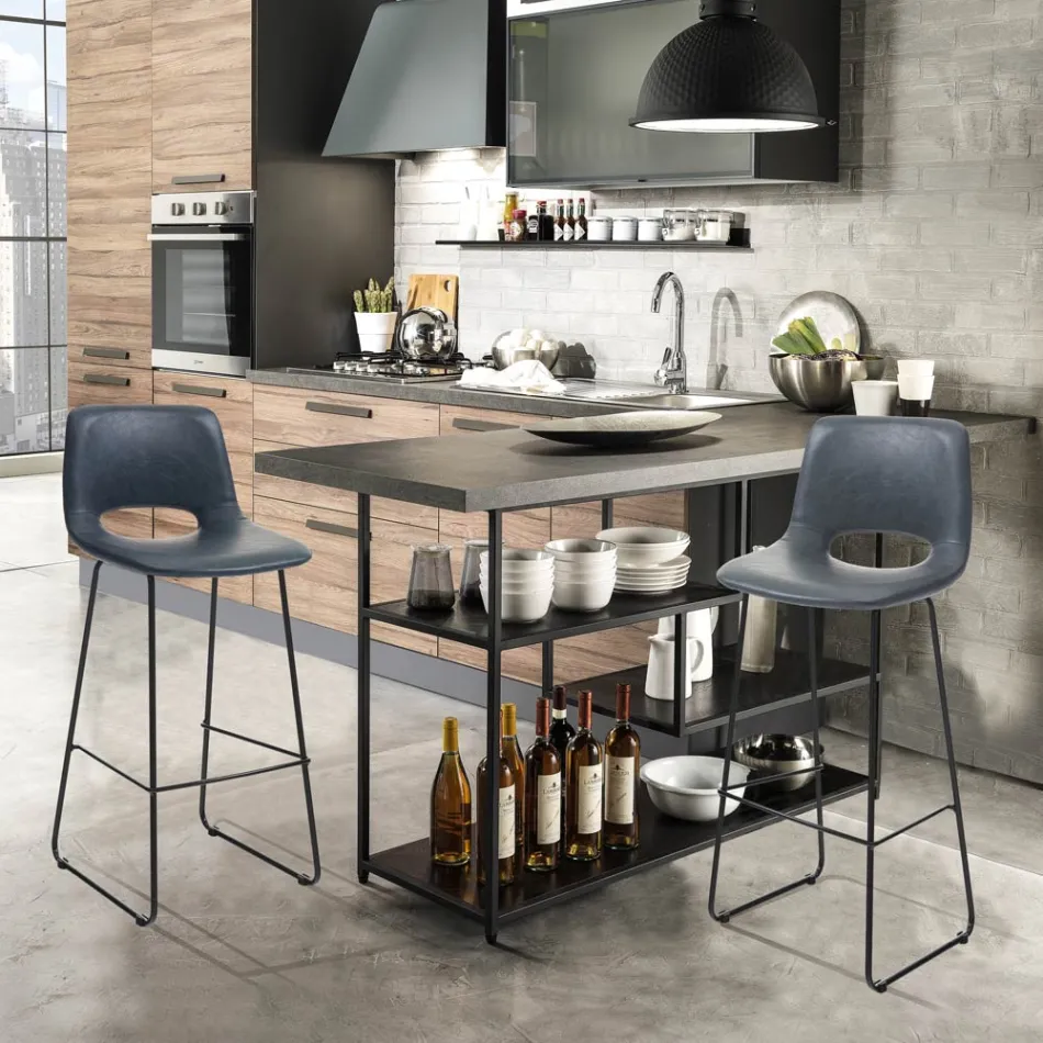 Wysoki stołek kuchenny ze skóry syntetycznej i czarnego metalu 2 sztuki - Yuri Viadurini