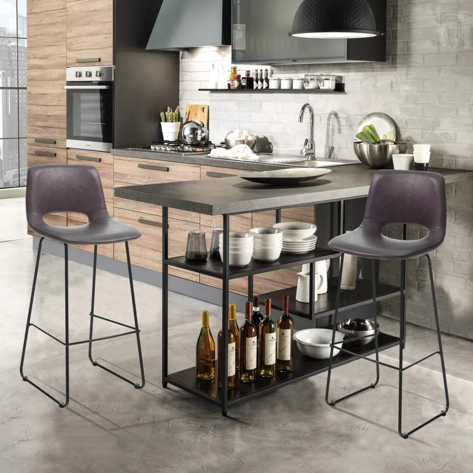 Wysoki stołek kuchenny ze skóry syntetycznej i czarnego metalu 2 sztuki - Yuri Viadurini