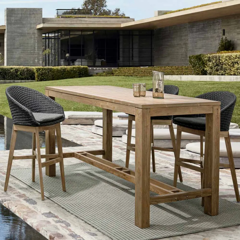 Wysoki stołek ogrodowy z liny i drewna tekowego, Homemotion, 2 sztuki - Anitha Viadurini