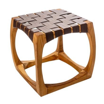Designerski stołek łazienkowy wykonany z drewna tekowego z tkanym siedziskiem - Yucca Viadurini