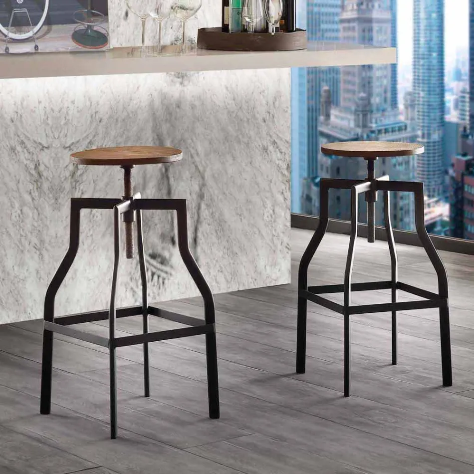 Designerski regulowany stołek z metalu i drewna wyprodukowany we Włoszech w Livorno Viadurini