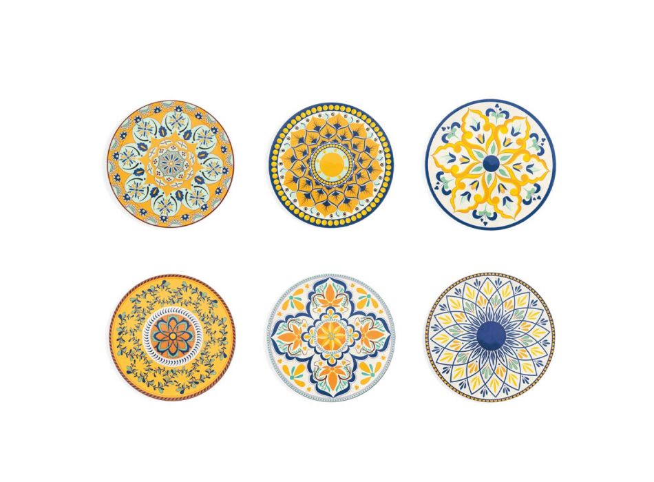Okrągłe Talerze w Sycylijskich Kolorowych Ozdobach Plastikowych 12 Sztuk - Trapani Viadurini