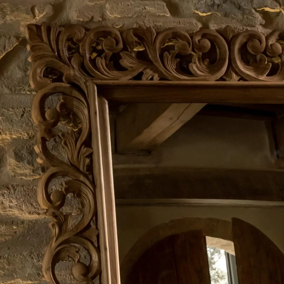 Rzeźbione lustro z litego drewna tekowego - Auguste Viadurini