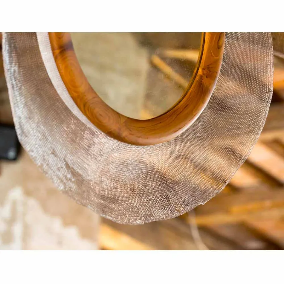 Nowoczesne lustro ścienne w metalu i teaku Monno Viadurini