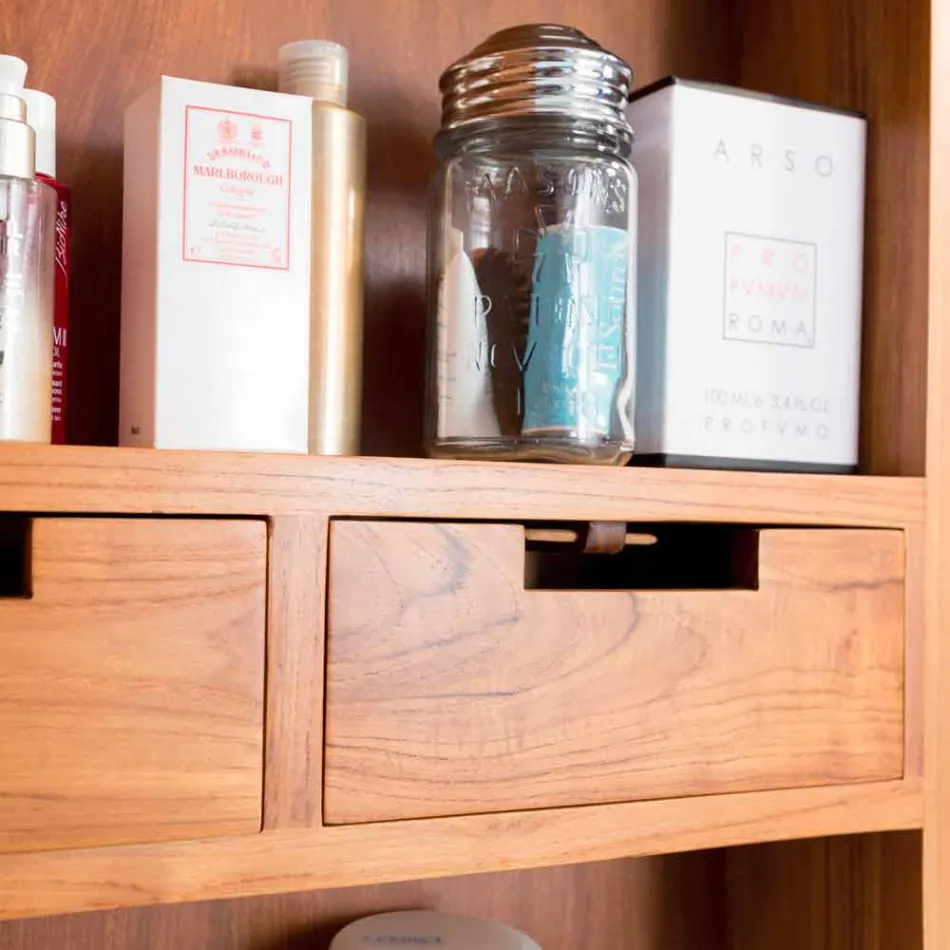 Lustro ścienne z drewna tekowego z półkami i szufladami wewnętrznymi - Ralio Viadurini