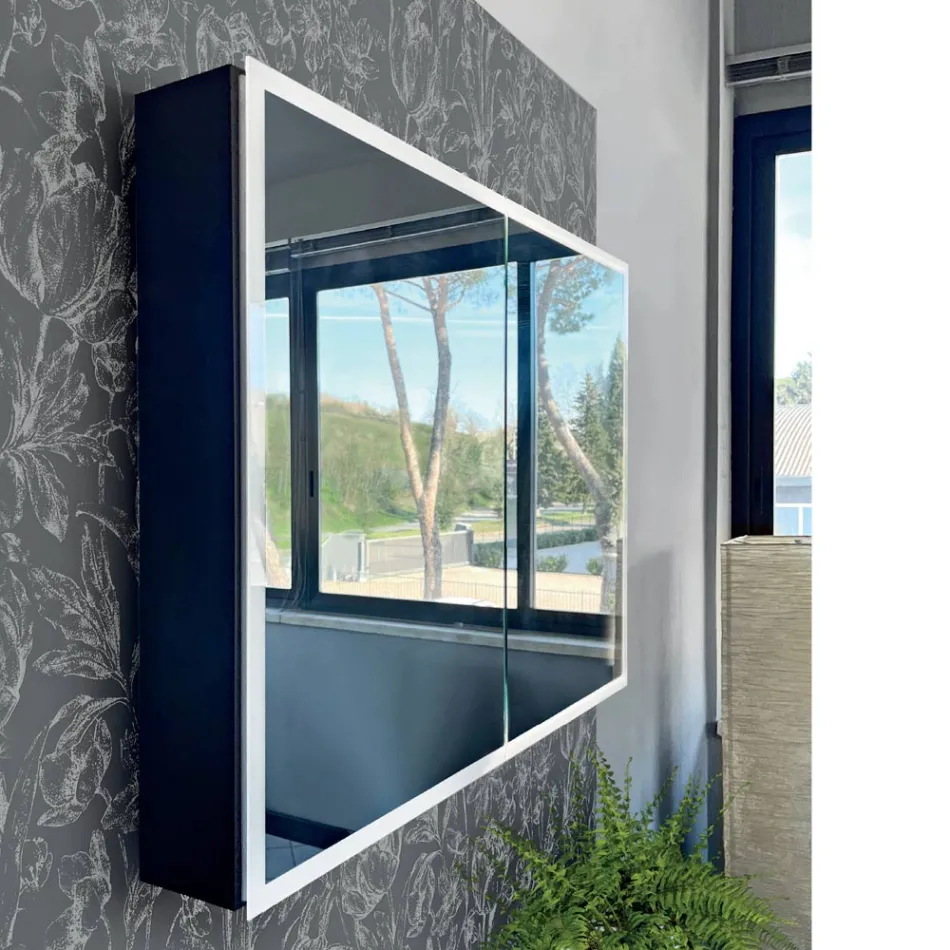 Drewniany pojemnik z lustrem z podwójnym lustrem i lampkami Made in Italy - Darwin Viadurini